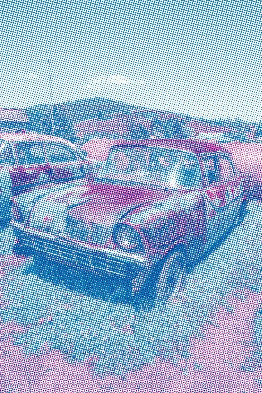 Halftone photo of a rusting classic car in a junkyard