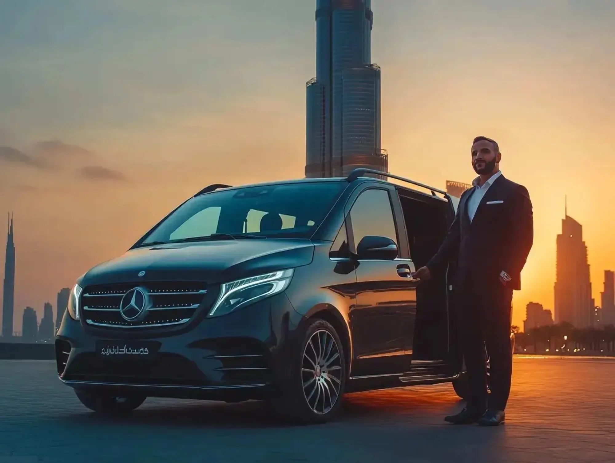 Chauffeur beside a Mercedes van at sunset