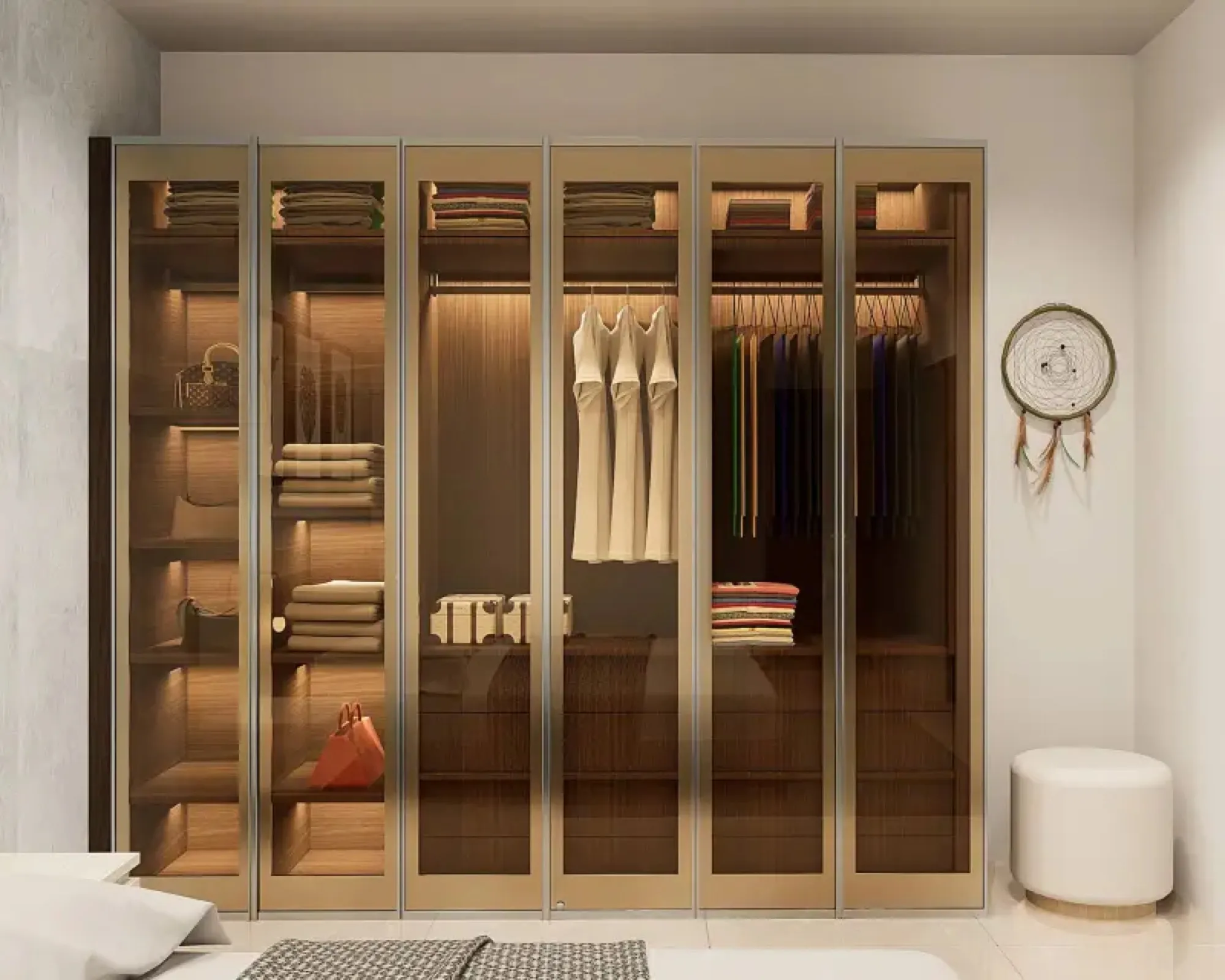 Fitted wardrobe with warm lighting