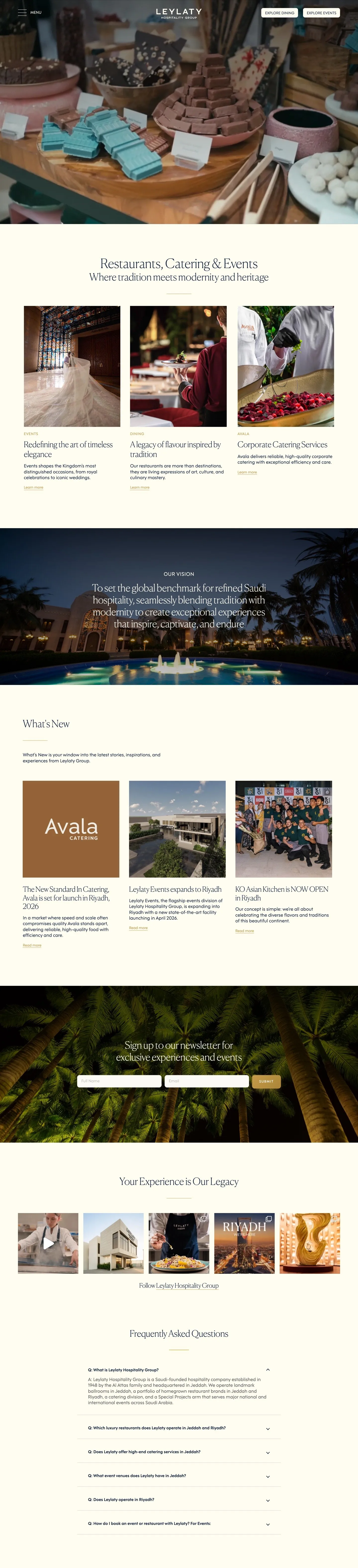 The Leylaty Hospitality Group website, top to bottom